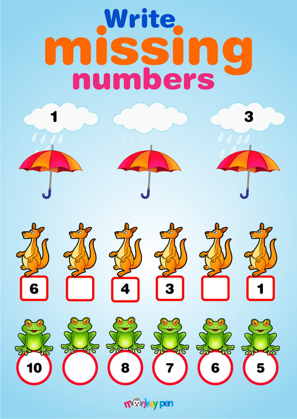 A Missing Number Worksheet with colorful illustrations, showing sequences with some numbers missing for kids to fill in.