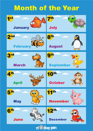 Free Year Chart for kids displaying the months of the year in order, from January to December.