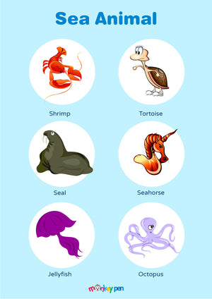 A Sea Animals poster with illustrations of a crab, shark, whale, jellyfish, seahorse, octopus, turtle, and dolphin.