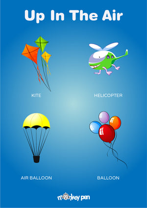 Up in the Air Poster: Shows kite, helicopter, air balloon, and balloon to teach kids about flying objects.