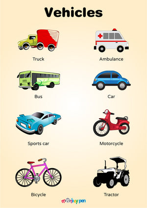 Colorful Vehicles Poster showcasing various modes of transportation like trucks, cars, and bicycles.