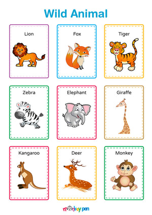 Wild Animal Posters for Kids, featuring illustrations of lion, fox, tiger, zebra, elephant, giraffe, kangaroo, deer, and monkey.