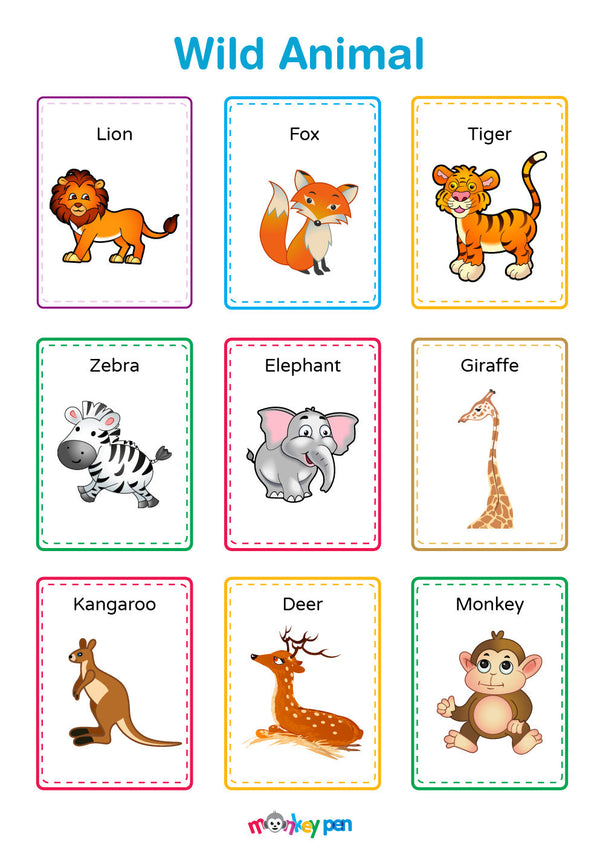 Wild Animal Posters for Kids, featuring illustrations of lion, fox, tiger, zebra, elephant, giraffe, kangaroo, deer, and monkey.