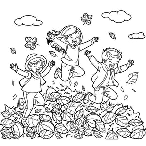 Kids Jumping in Leaves Colouring Page 