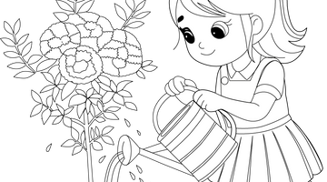 Girl Watering Flower Plant Colouring Page | Free Colouring Book for Children