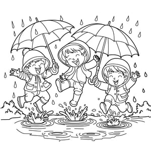 Kids Playing in Rain Colouring Page | Free Colouring Book for Children