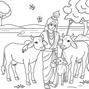 Krishna with cows Colouring Page