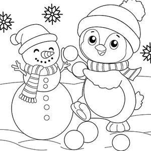 Penguin Making a Snowman Colouring Page 