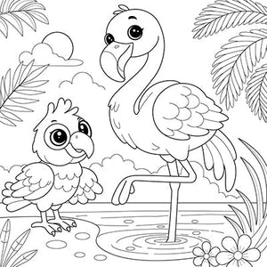 Flamingo with a Parrot Companion Colouring Page