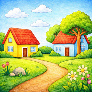 How to Draw a Village Scenery – Easy Countryside Drawing for Kids