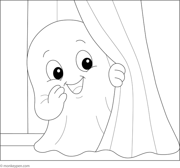 Baby ghost peeking out from behind a sheet, ready to be colored.
