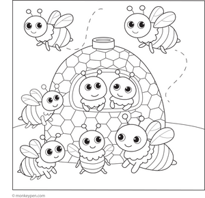 Bee Family in a Hive coloring page – free printable for kids to color and enjoy