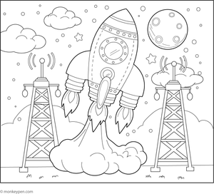 Educational colouring sheet depicting a rocket launching into space with associated smoke and flames, suitable for young learners.
