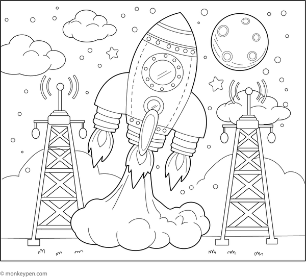 Educational colouring sheet depicting a rocket launching into space with associated smoke and flames, suitable for young learners.
