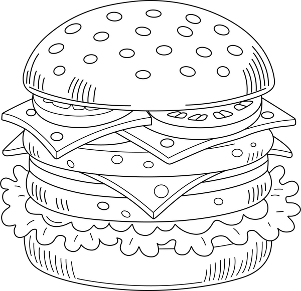 Burger coloring page – food-themed printable activity for kids