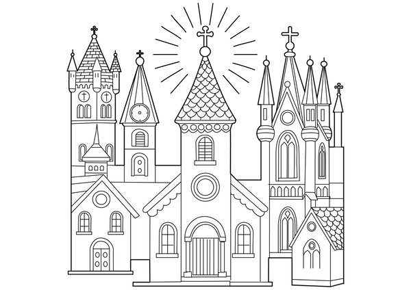 Churches And Cathedrals coloring page – religious building illustration for kids