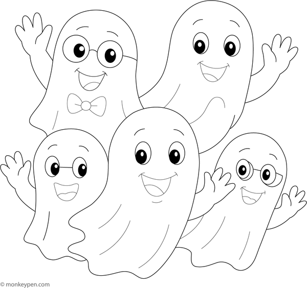 Group of friendly ghosts waving hello, ready to be colored.