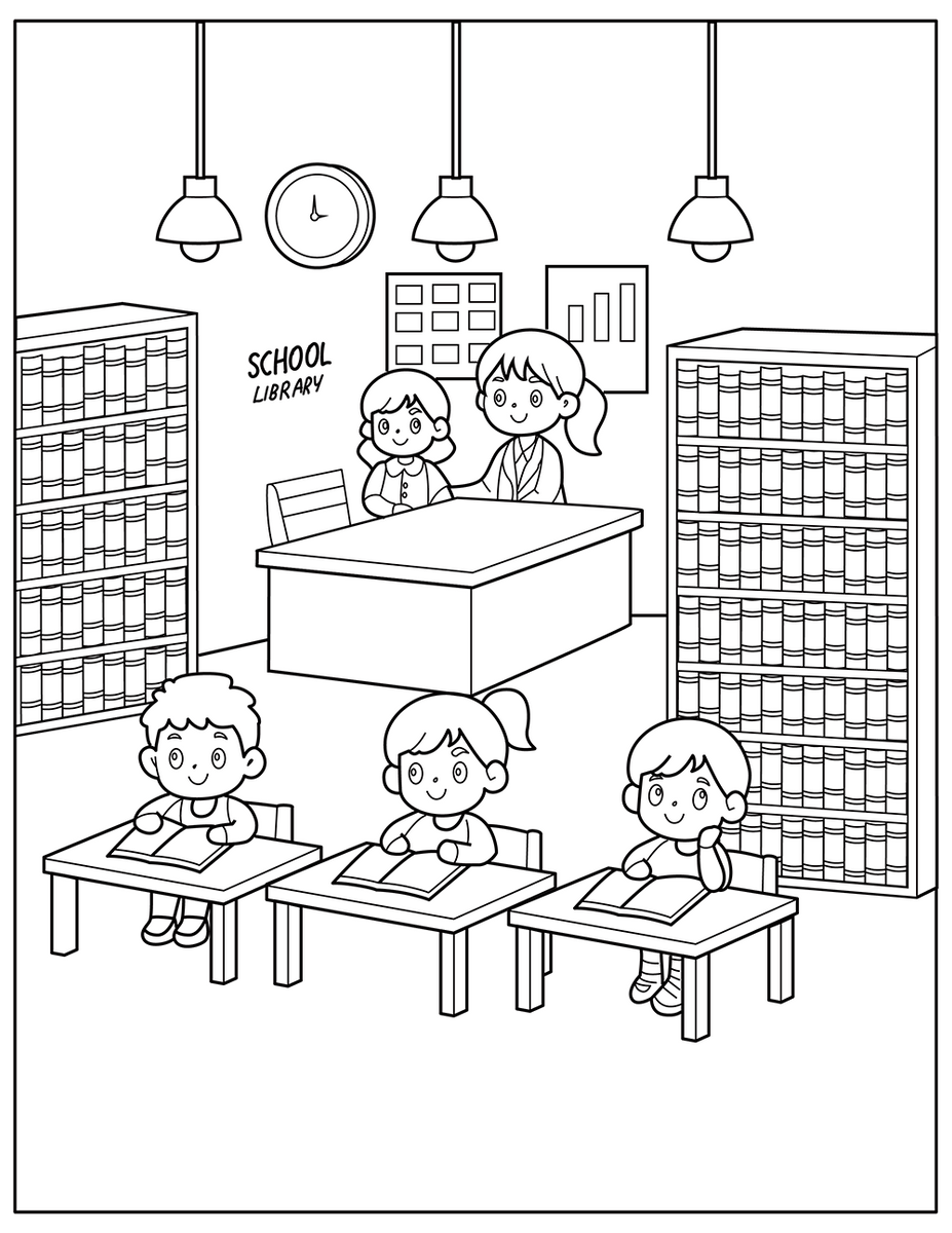 School Library Coloring Page – Fun Learning Activity for Kids
