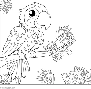 Macaw on a Jungle Branch Coloring Page – tropical bird printable for children