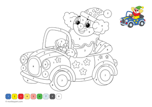 Downloadable clown car color-by-number worksheet with a silly clown and colorful vehicle parts, perfect for preschoolers to build number recognition while having fun with this free printable activity.