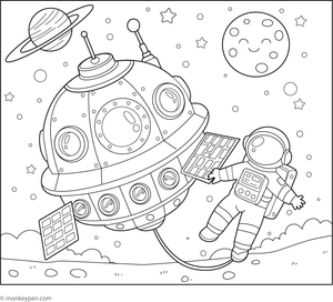 Colouring sheet illustrating a modern space station orbiting a planet, designed for children interested in space technology.