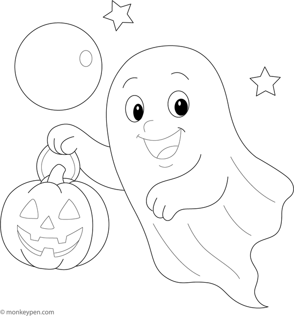 Ghost holding a pumpkin lantern, surrounded by Halloween elements, ready to be colored.