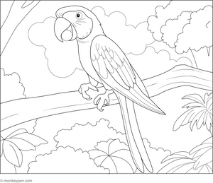 Macaw Eating a Fruit Coloring Page – tropical bird printable for children