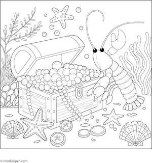 Lobster and the Treasure Chest Coloring Page – fun and educational printable for children