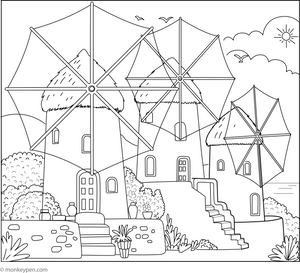 Mykonos Windmills Coloring Page