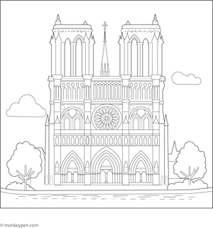 Notre Dame Cathedral Coloring Page– religious building illustration for kids