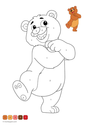 Free downloadable color-by-number worksheet featuring a joyful dancing bear in costume, designed to help children build number skills and creativity through a fun, printable activity.