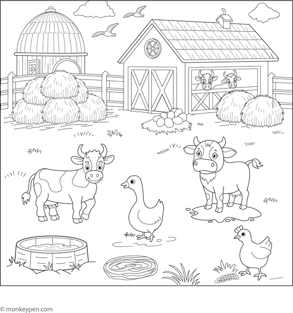Barnyard with Animals Coloring Page
