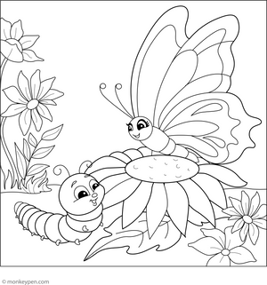 Butterfly and Caterpillar Friendship Coloring Page – fun and educational printable for children