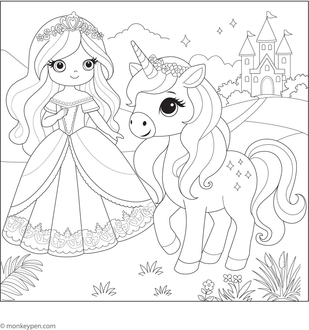 Princess And Unicorn Coloring Page