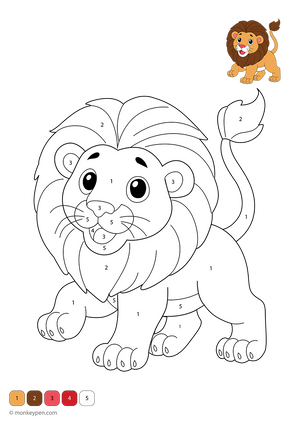 Downloadable lion color-by-number worksheet showing a friendly lion with numbered sections on its mane, face, and body; a free printable activity that supports kids’ number recognition and creativity.