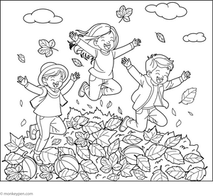 Kids Jumping in Leaves Coloring Page