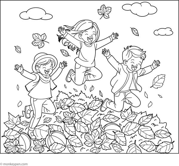 Kids Jumping in Leaves Coloring Page