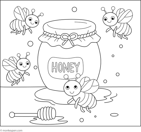 Bees and Honey Jar Coloring Page – fun and educational printable for children
