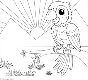 Macaw with Jungle Sunset Coloring Page – tropical bird printable for children