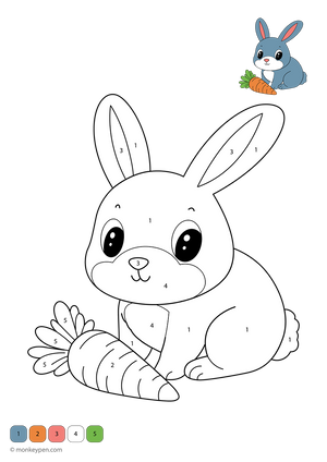 Free downloadable rabbit color-by-number worksheet with numbered sections on fur, ears, and garden background; a fun and educational printable for toddlers to build number and color recognition skills.