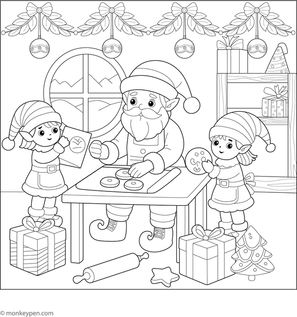 Christmas Elves Coloring Page