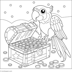 Macaw with Pirate Treasure Coloring Page – tropical bird printable for children