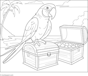 Macaw With Treasure Coloring Page  – tropical bird printable for children
