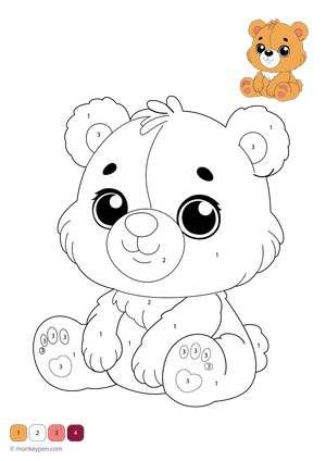 Downloadable teddy bear color-by-number worksheet featuring a cute bear with numbered sections on its fur and bow; a free printable that helps kids practice numbers while having creative fun.