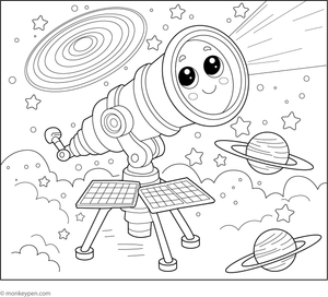Colouring illustration of an expansive telescope directed into the cosmic depths, encompassed by stars and planets suitable for young learners.