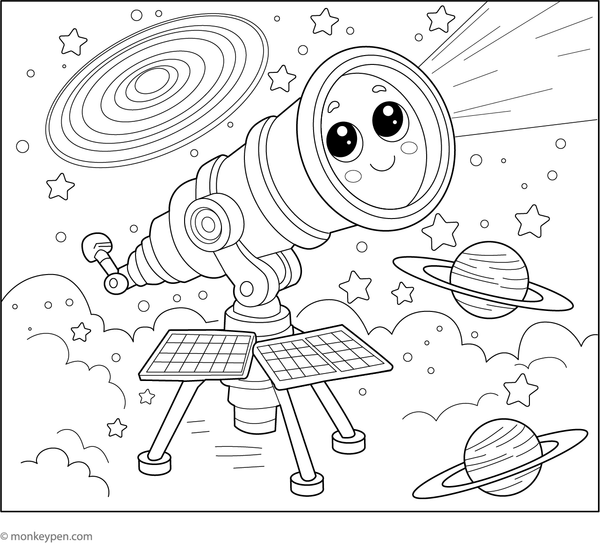 Colouring illustration of an expansive telescope directed into the cosmic depths, encompassed by stars and planets suitable for young learners.