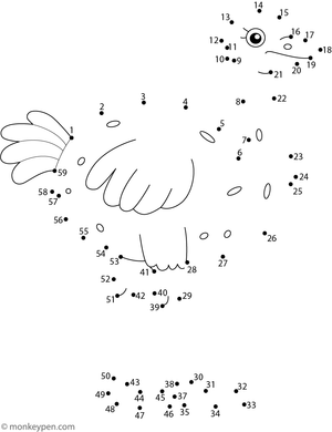 Dot-to-dot worksheet of a cartoon ostrich with long legs and curious face for children to connect and colour.