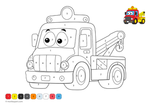 Free downloadable truck color-by-number worksheet with numbered sections on tires, cab, and frame; a fun printable activity that helps kids boost number recognition and enjoy creative play.