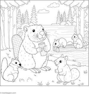 Beaver with Friends Coloring Page
