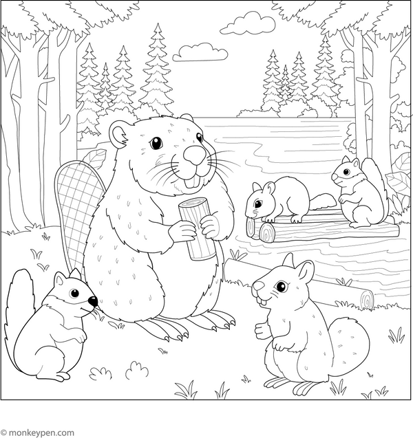 Beaver with Friends Coloring Page